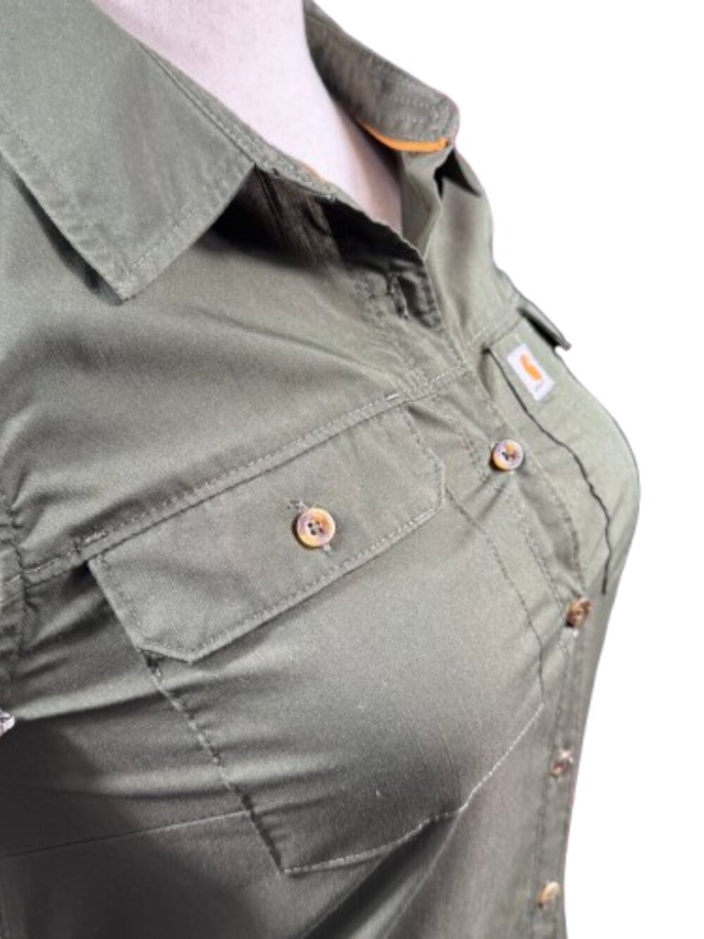 Carhartt Women’s Sleeveless Button Up Collared Green Gorpcore Granola Top (SZ M) - Picture 7 of 13